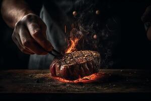 een ijzer k Holding een medium bijzonder steak Aan een donker achtergrond vonken en brand komt eraan omhoog van hieronder brand en vlees. ai gegenereerd foto