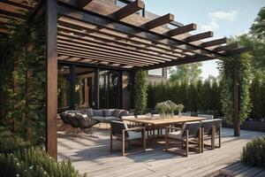 modern patio meubilair omvatten een pergola schaduw structuur een luifel een patio dak een dining tafel stoelen en een metaal grillen. ai gegenereerd foto