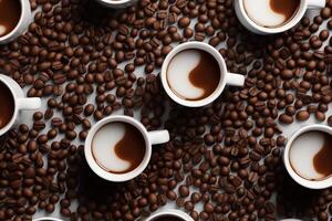 top visie van wit koffie mokken met een patroon Aan de schuim koffie bonen in de achtergrond cappuccino naadloos patroon. ai gegenereerd foto