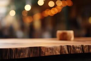 leeg houten tafel in voorkant van abstract wazig achtergrond Product Scherm in een koffie winkel lokaal markt of bar. ai gegenereerd foto