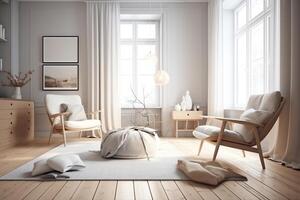 modern leven kamer met fauteuil Scandinavisch stijl interieur ontwerp 3d illustratie. ai gegenereerd foto