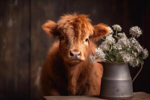 schattig baby hoogland koe Aan vaas voorjaar bloemen. ai gegenereerd foto