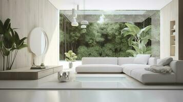een futuristische wit minimaal interieur van een leven kamer, luxueus interieur, extra groot sofa ontwerp, tropisch planten, visie met uitzicht de natuurlijk landschap, en modern zwemmen zwembad, genereren ai foto