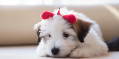 een puppy met een speelgoed- Aan haar hoofd ai gegenereerd foto