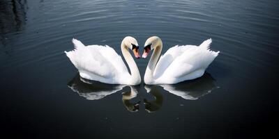 twee zwanen maken hart vorm in de water ai gegenereerd foto