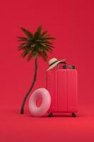 palm boom, roze vlot, hoed, zon bril en rood koffer Aan Aan rood achtergrond. exotisch vakantie concept Aan de strand. 3d weergave. foto