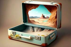een Open koffer met visie van groots Ravijn. reizen herinneringen concept. ai is generatief foto