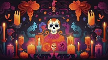 dag van de dood schedels. dia de los muertos. dag van de dood en Mexicaans halloween achtergrond. Mexicaans traditie festival. dag van de dood suiker schedel. dia de los muertos, genereren ai foto