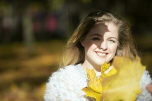 mooi jong vrouw in een herfst park Holding een geel esdoorn- blad. foto