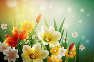 narcissen, tulpen, madeliefjes - voorjaar achtergrond met bloemen en een groen veld. generatief ai illustratie. foto