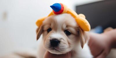 een puppy met een speelgoed- Aan haar hoofd ai gegenereerd foto