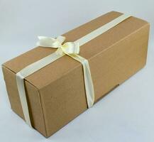 bruin plein karton doos gebonden met lint geïsoleerd Aan een wit achtergrond foto