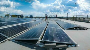 detailopname van zonne- cel boerderij macht fabriek eco technologie. foto