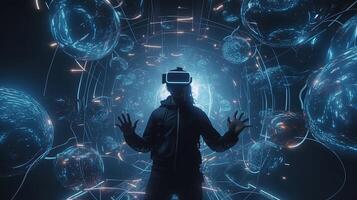 Mens vervelend vr bril in drijvend wereld, digitaal kunst illustratie, generatief ai foto