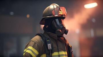 brandweerman in de midden van brand vonken en rook, digitaal kunst illustratie, generatief ai foto