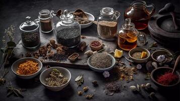 holistische thee behandeling een ingewikkeld beeld van een kruiden thee assortiment met vers en droog ingrediënt generatief ai foto