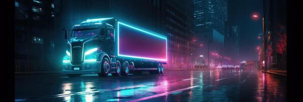 vrachtauto met lading het rijden Aan de weg Bij nacht met neon lichten en stadsgezicht beweging vervagen achtergrond. generatief ai foto