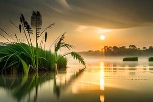 visie van planten groeit langs de rivier. ai gegenereerd foto