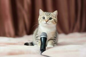 schattig slim kat in de buurt microfoon zingen. genereren ai foto