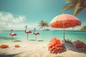 zomer flamingo zand strand. genereren ai foto