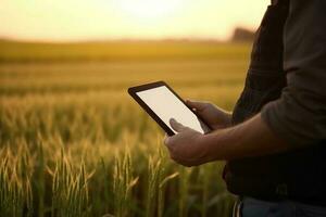 gebruik makend van tablet digitaal Bij landbouw veld. genereren ai foto