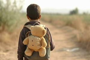 terug visie kind vluchteling met teddy beer. genereren ai foto