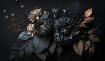 generatief ai, dichtbij omhoog van bloeiend bloemperken van verbazingwekkend zwart bloemen Aan donker gotisch humeurig bloemen getextureerde achtergrond. fotorealistisch effect. foto