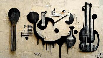 generatief ai, abstract straat kunst met sleutels en musical instrumenten silhouetten. inkt kleurrijk graffiti kunst Aan een getextureerde papier wijnoogst achtergrond, geïnspireerd door banksy foto