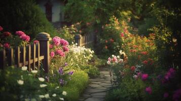 generatief ai, mooi zomer privaat tuin met veel bloemen en planten, natuur landschap, Engels platteland huisje stijl foto