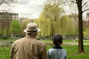 terug visie kind senior in park. genereren ai foto