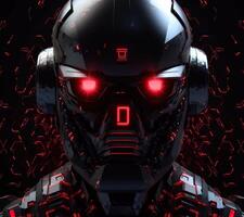 robot hoofd gezicht met rood ogen logo sticker afdrukken zwart achtergrond generatief ai foto