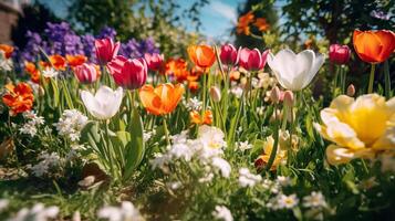 kleurrijk voorjaar tuin. illustratie ai generatief foto