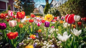 kleurrijk voorjaar tuin. illustratie ai generatief foto