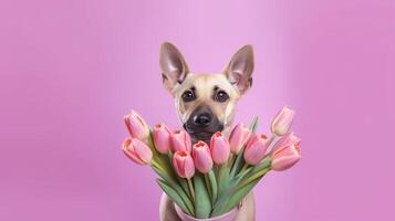 schattig grappig hond met bloemen. illustratie ai generatief foto