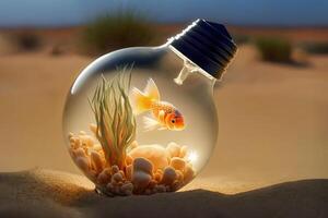 generatief ai inhoud, goudvis binnen een licht lamp, tegen de backdrop van de woestijn. globaal opwarming concept. water dag. foto