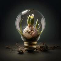 generatief ai inhoud, aarde dag. bloem in een licht lamp Aan een donker achtergrond. concept van energie besparing. foto
