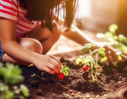 generatief ai inhoud, weinig meisje picks biologisch aardbeien in een mand. Aan een fruit veld- Aan een zonnig zomer dag. generatief ai inhoud, foto