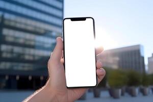 generatief ai inhoud, mockup beeld van handen Holding zwart mobiel telefoon met blanco bureaublad scherm. generatief ai inhoud, foto