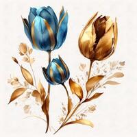 blauw en gouden waterverf tulp bloemen. illustratie ai generatief foto