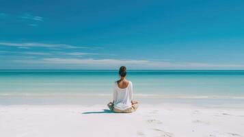 vrouw meditatie Aan strand. illustratie ai generatief foto