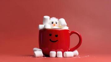 rood heet chocola mok met gesmolten marshmallows. illustratie ai generatief foto