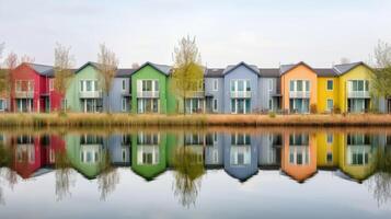 rij van kleurrijk houten huizen. illustratie ai generatief foto