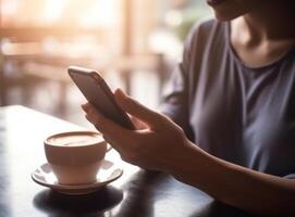 vrouw met mobiel en kop van koffie. illustratie ai generatief foto