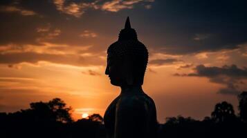 silhouet van Boeddha standbeeld Bij zonsondergang lucht achtergrond. illustratie ai generatief foto