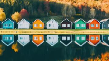 rij van kleurrijk houten huizen. illustratie ai generatief foto
