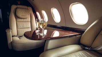 interieur van luxueus privaat Jet met leer stoelen illustratie ai generatief foto