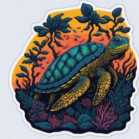sticker, mooi schildpad onder de zee, zonsondergang tropisch zomer ai gegenereerd foto