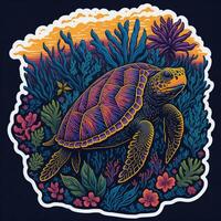 sticker, mooi schildpad onder de zee, zonsondergang tropisch zomer ai gegenereerd foto