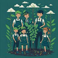 vector illustratie wereld milieu dag meisjes aanplant bomen ai gegenereerd foto