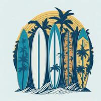 zomer uitstraling ontwerp met een groep van surfplanken bekleed omhoog Aan een strand ai gegenereerd foto
